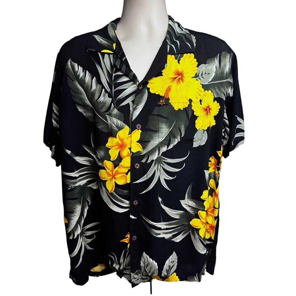 Favant Mens Vintage Floral Black Hawaiian Aloha Button Up Shirt Large Pocket
